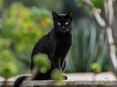 Black cat sitting ledge